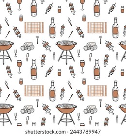 Vector icons of barbecue, firewood, kebab, appliances, seamless pattern or background