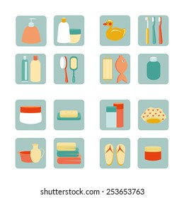 vector icons with bathroom accessories and hygiene products