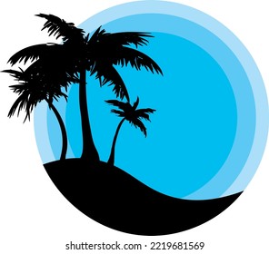 vector icons for the beach.Evening on the beach with palm trees. An evening on the beach with palm trees. Colorful picture for rest. Blue palm trees at sunset. Orange sunset in the blue sky. 