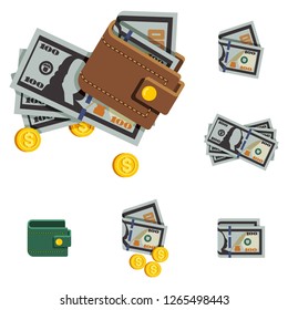 Vector Icons Beautiful Wallets With Money and Without Money in a Trendy Flat Style, Paper Bills and Coins