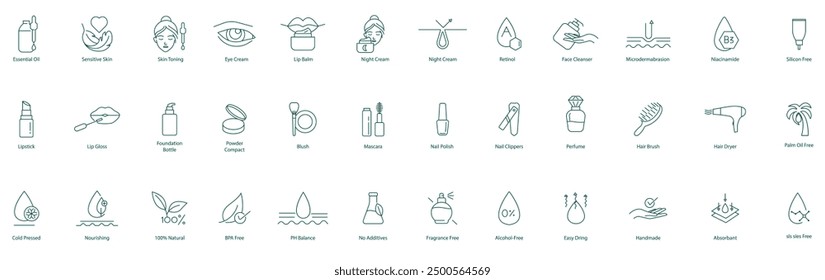 Vector Icons for Beauty and Skin Care: Essential Oils, Makeup, Hair Care, and Natural Ingredients