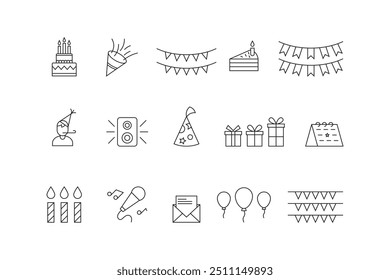 Vector icons of birthday accessories, cakes, candles, decorations, hats, trumpets, microphones, gifts