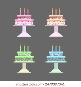 vector icons of birthday cakes on a stand, isolated on gray background