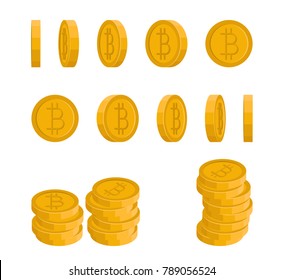 Vector icons of bitcoin at different angles. Concept of rotating coin.