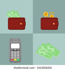 Vector icons with a bitcoin and dollar wallet and a terminal for paying with a bank card for payment