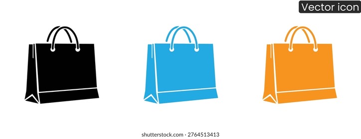 Vector icons of black, blue, and orange shopping bags on white background, ideal for retail, e-commerce, and shopping concepts