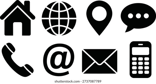 Vector icons in black, representing key contact points: house, globe, map pointer, chat bubble, telephone, email sign, and old phone
