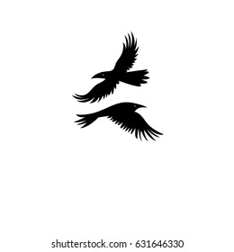 Vector icons of black silhouettes of a crow on a white background