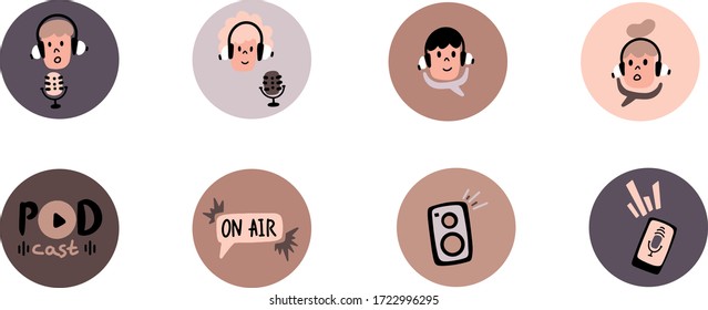 Vector icons of a blogger with podcast doodles.