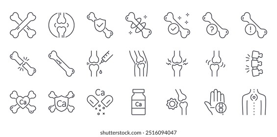 Vector icons bones. Human joints, knees, hands, pain in limbs. Prevention of osteoporosis, taking calcium and vitamins. Treatment and examination osteopathy. Editable stroke thin line set symbols.