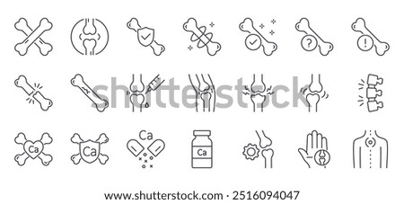 Vector icons bones. Human joints, knees, hands, pain in limbs. Prevention of osteoporosis, taking calcium and vitamins. Treatment and examination osteopathy. Editable stroke thin line set symbols.