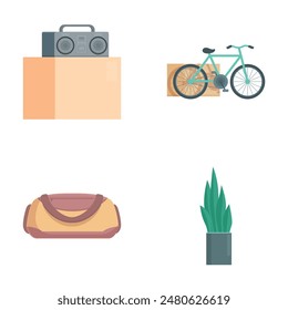 Vector icons of a boombox, bicycle, duffle bag, and potted plant