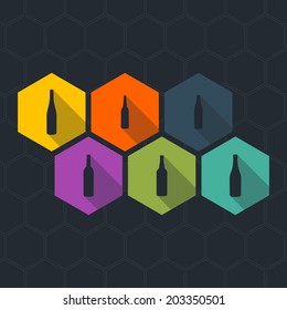 Vector icons of bottles on hexagon background. Silhouettes with shades with six sided polygon pattern. Conception of drinking and choosing beverages at the bar, night club, restaurant or store.