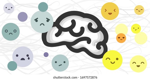 vector icons of brain and good and bad mood for psychotherapy and mental healing visuals