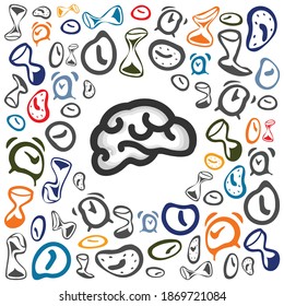 Vector Icons Of Brain And Many Distorted Clock For Time Perception And Illusions