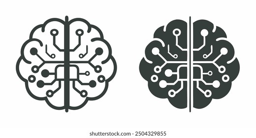 Vector icons of a brain with technological elements symbolizing artificial intelligence and innovation.