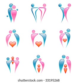 Vector icons / branding templates mostly about couples, love, family.