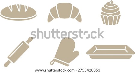 Vector Icons: Bread, Croissant, Cupcake, Rolling Pin, Mitten, Baking Pan