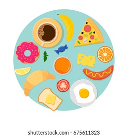 Vector icons for breakfast on blue background