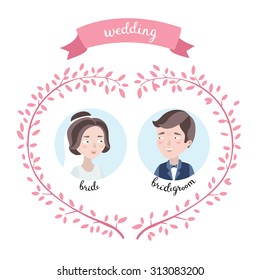 Vector icons of brides and bridegrooms faces illustration and design wedding elements, lettering on white isolated background