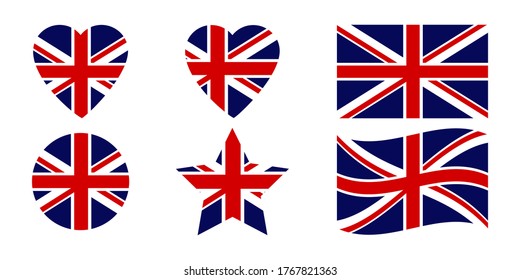 Vector icons of the British flag. Set of UK symbols of different shapes.