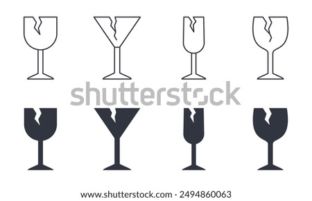 Vector icons broken wine glass. Fragile glass stemware, waste. Editable stroke thin line and black solid set isolated on white background