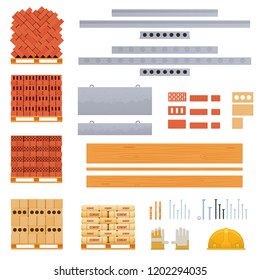 Vector icons of building materials building tools, a set of bricks, blocks, screws, boards