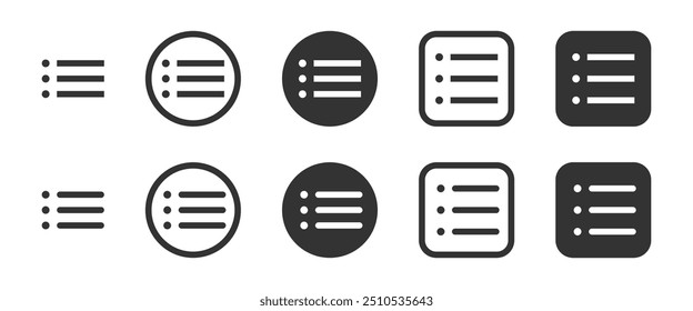 Ícones vetoriais de listas de marcadores em diferentes formas, incluindo círculo e quadrado. Ícone Menu. Adequado para interface do usuário, listas de tarefas e infográficos.