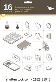 Iconos vectoriales negocios isométricos con cloud, computadora, teléfono y reloj
