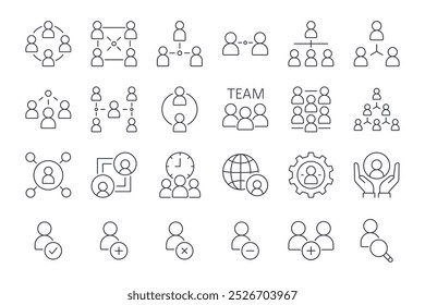 Ícones de vetor pessoas de negócios. Interação em equipe, grupo de trabalho, reuniões e comunicação. Hierarquia e parceria. Recursos humanos e adição de novas pessoas à equipe. Conjunto de linhas de traçado editável.