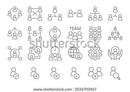 Vector icons business people. Interaction in a team, working group, meetings and communication. Hierarchy and partnership. Human resources and adding new people to the team. Editable stroke line set.