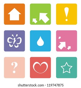 Vector icons or button set isolated on white background with arrow, left, right, up, question mark, exclamation mark, heart, drop, butterfly and star symbol. Abstract signs or logo for website design.