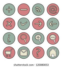 Vector icons or buttons - doodle arrow, home, rss, search, mail, ask, plus, minus, shop, back, forward. Web tools symbols button. Website design pink ad green elements isolated on white background