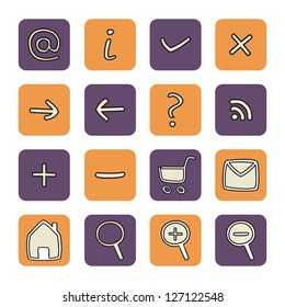 Vector icons or buttons - doodle arrow, home, rss, search, mail, ask, plus, minus, shop, back, forward. Web tools symbols button. Website design violet and orange elements isolated on white background
