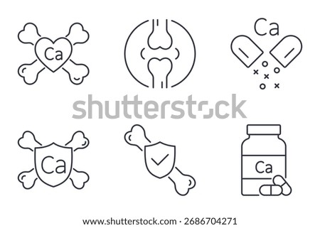 Vector icons calcium and bone health. Editable stroke thin line set of skeleton, joints and spine. Symbols of osteoporosis, orthopaedic care, nutrition. Healthcare pictograms hospital and rheumatology
