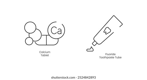 Ícones vetoriais de Comprimido de Cálcio, Tubo de pasta de dentes de flúor