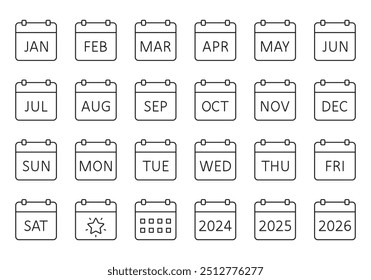 Calendario de iconos vectoriales. 12 meses del año, días de la semana y 2024 2025 2026. Programa con fecha exacta, trabajo y planificación de vacaciones. Conjunto negro de línea delgada de trazo editable.