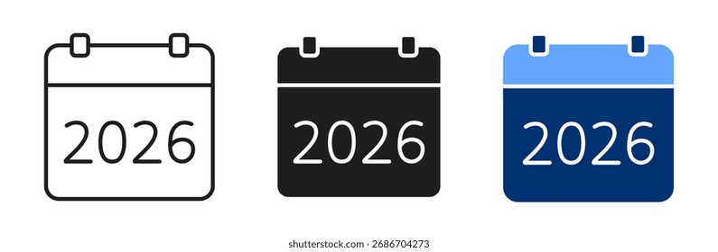 Vektorsymbole Kalender 2026. Editierbare Strich dünne Linie und schwarz, blau massiven Satz. Symbole des neuen Jahres mit Zahlen 2026 in verschiedenen Stilen von Kalenderseiten angezeigt. Erinnerungskollektion für Feiertage.