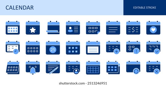 Vector icons calendar. Work and personal life planning, ogranizer to-do list. Keep a diary and tax bill payment calendars. Meeting dates, vacation and birthday. Editable stroke blue solid set.