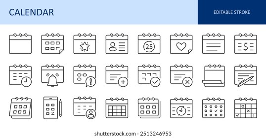 Calendário de ícones de vetor. Planejamento da vida pessoal e profissional, organizador e lista de tarefas pendentes. Datas da reunião férias e aniversário. Manter um diário e calendários de pagamento de fatura de imposto. Símbolo de conjunto de linha fina de traçado editável