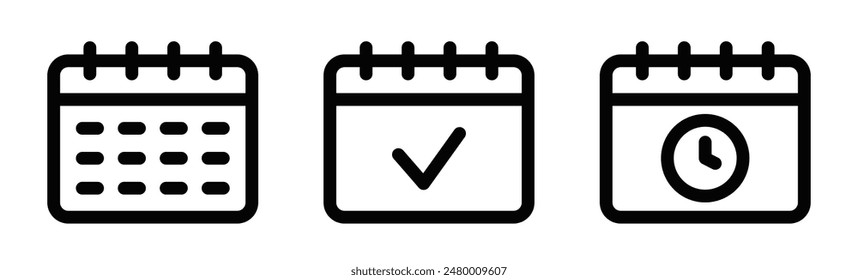 Vector icons of calendars with a grid, checkmark, and clock. Perfect for scheduling, planning, and event-related designs. Black and white, isolated. Editable stroke.