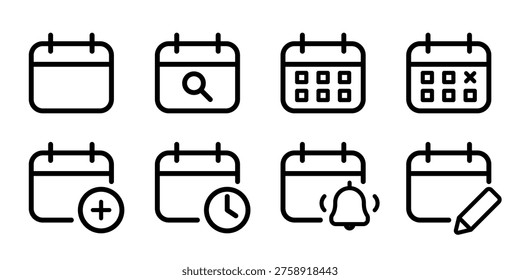 Vector icons of calendars with various symbols: magnifying glass, grid, plus sign, clock, bell, and pencil, representing different scheduling functions.