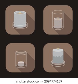 Vector icons of candles in flat style. Candles of different shapes in beige and gray colors