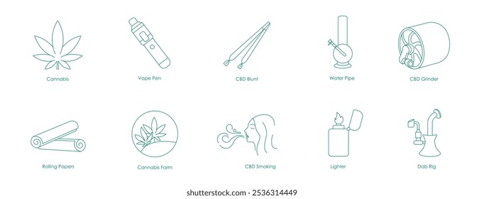 Ícones vetoriais para acessórios para fumantes de cannabis, incluindo blunts e canetas de fita