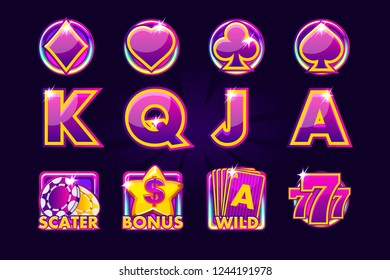 Vector icons of card symbols for slot machines and a lottery or casino in purple colors. Game casino, slot, UI