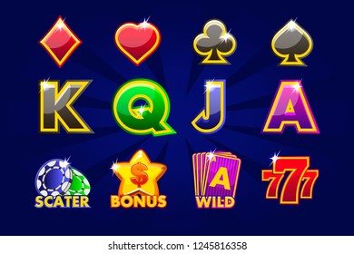 Vector Icons Of Card Symbols For Slot Machines And A Lottery. Game Casino, Slot, UI