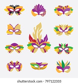 Vector icons of carnival masks. Bright illustrations of different types of masks for carnivals and parties. Masks for the holiday Mardi Gras.