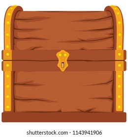 Vector icons with cartoon closed  brown wooden pirate chest with golden metal stripes and old padlock on white background