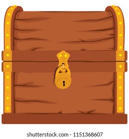 Vector icons with cartoon closed  brown wooden pirate chest with golden metal stripes and old padlock on white background