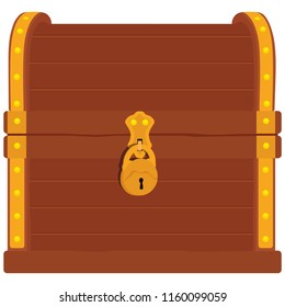 Vector icons with cartoon closed  brown wooden pirate chest with golden metal stripes and old padlock on white background